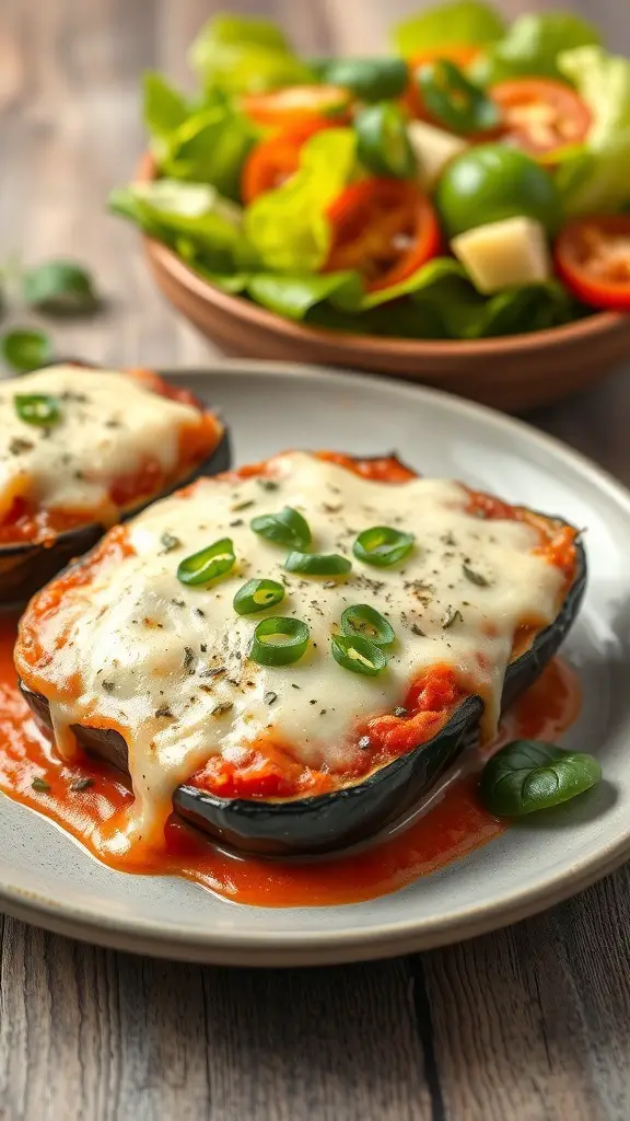 A plate of Eggplant Parmesan with melted cheese and a side salad.
