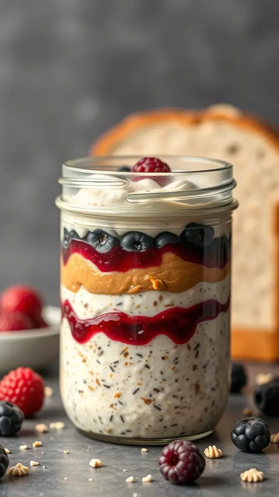 A jar of peanut butter and jelly inspired overnight oats layered with oats, peanut butter, jelly, and topped with fresh berries.