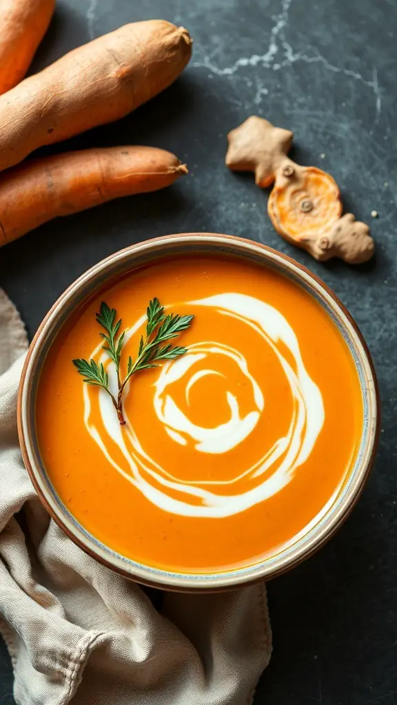 Bowl of sweet potato and carrot ginger soup with fresh herbs on top, surrounded by sweet potatoes.