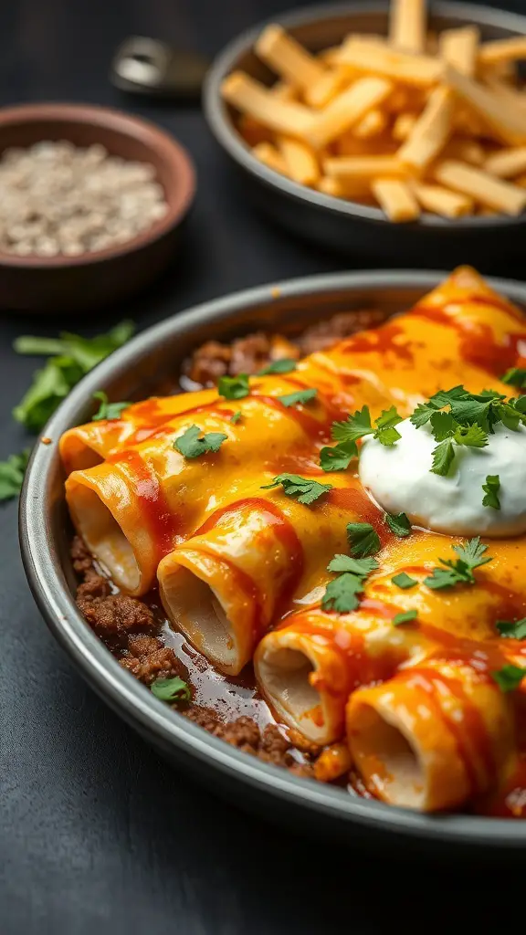 A plate of ground beef enchiladas topped with cheese, cilantro, and sour cream, served with a side of fries.