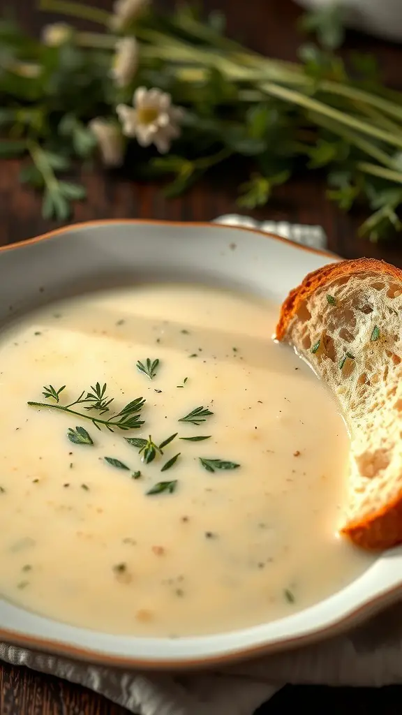 A bowl of creamy soup with herbs and a slice of bread on the side.
