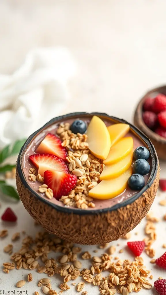 Smoothie bowl topped with granola, strawberries, peaches, and blueberries in a coconut bowl.