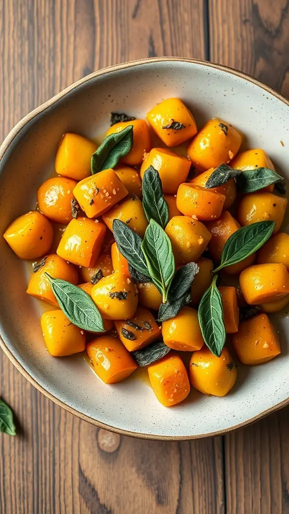 A bowl of sweet potato gnocchi garnished with fresh sage leaves.