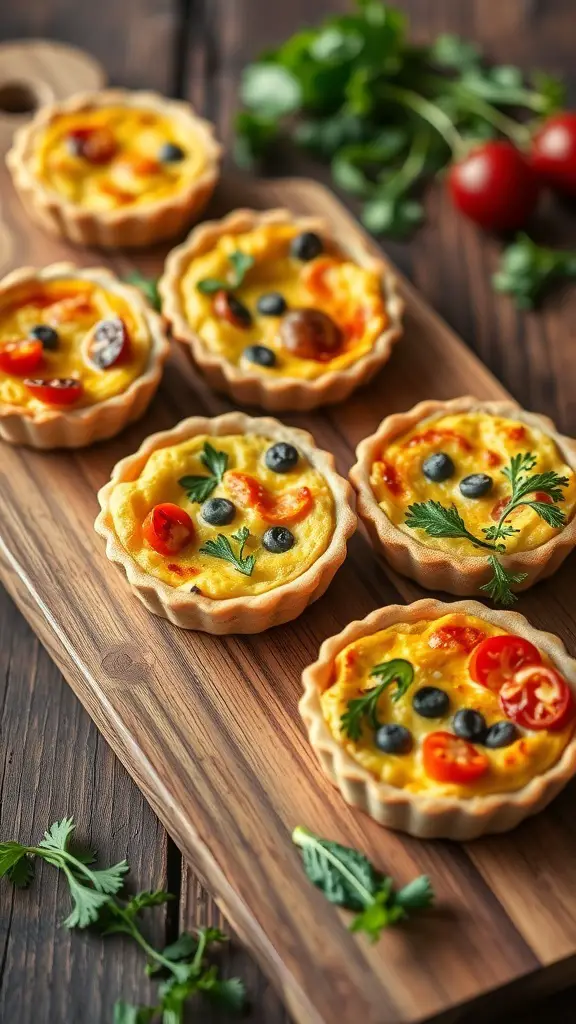 A wooden platter with mini quiches filled with seasonal vegetables, garnished with herbs.