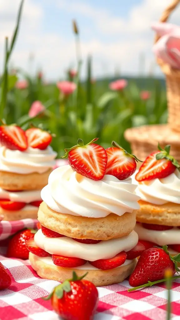 Strawberry shortcake cupcakes with fresh strawberries on top, set on a picnic blanket in a field.