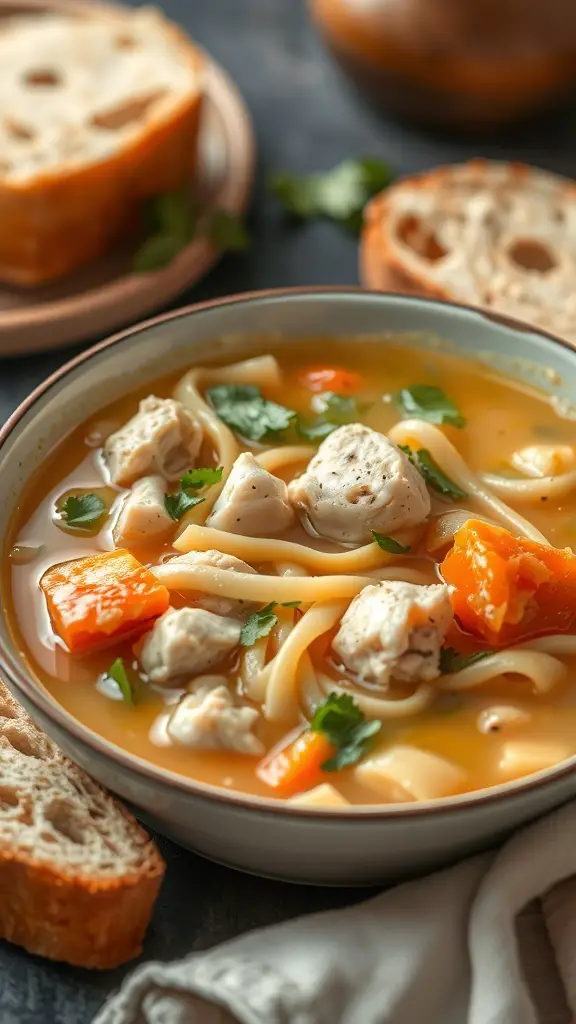 A bowl of classic chicken noodle soup with chicken, noodles, and vegetables, served with bread.