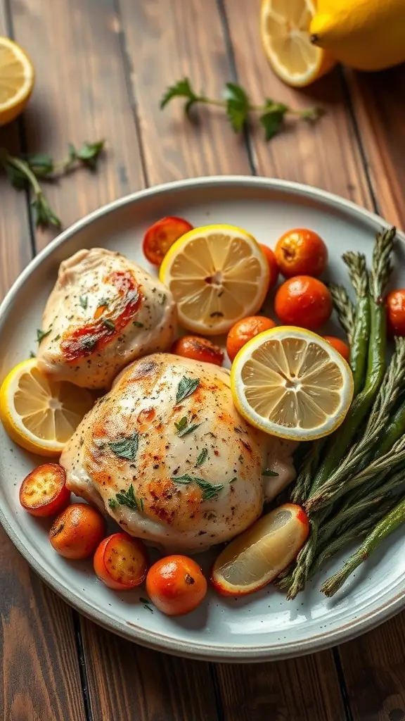 A plate of baked lemon herb chicken with cherry tomatoes and asparagus, garnished with lemon slices.