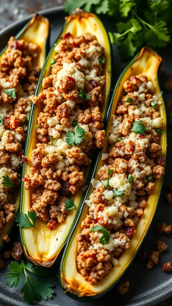 Grilled stuffed zucchini boats filled with a savory meat mixture and topped with cheese.