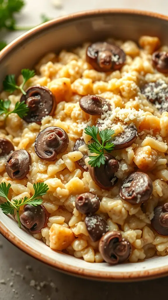 Bowl of creamy mushroom risotto with mushrooms and parsley garnish