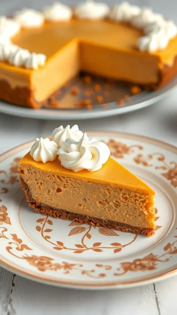 Slice of sweet potato cheesecake with whipped cream on a decorative plate