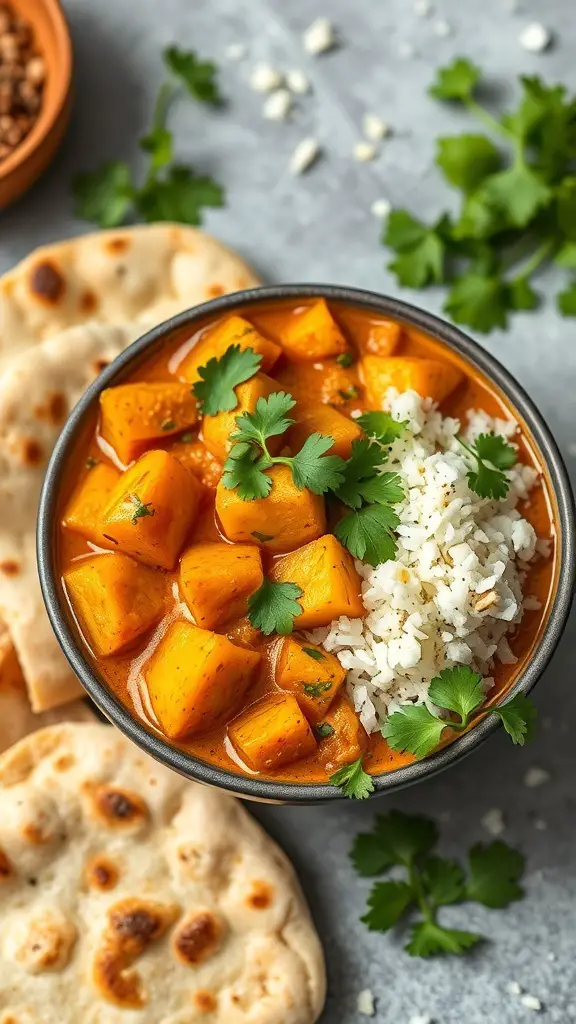 A bowl of vegan potato curry with rice and naan, garnished with cilantro.