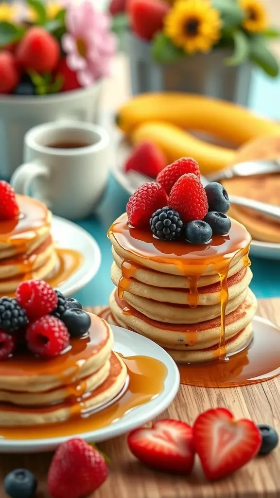 Mini pancake stacks topped with fresh berries and syrup