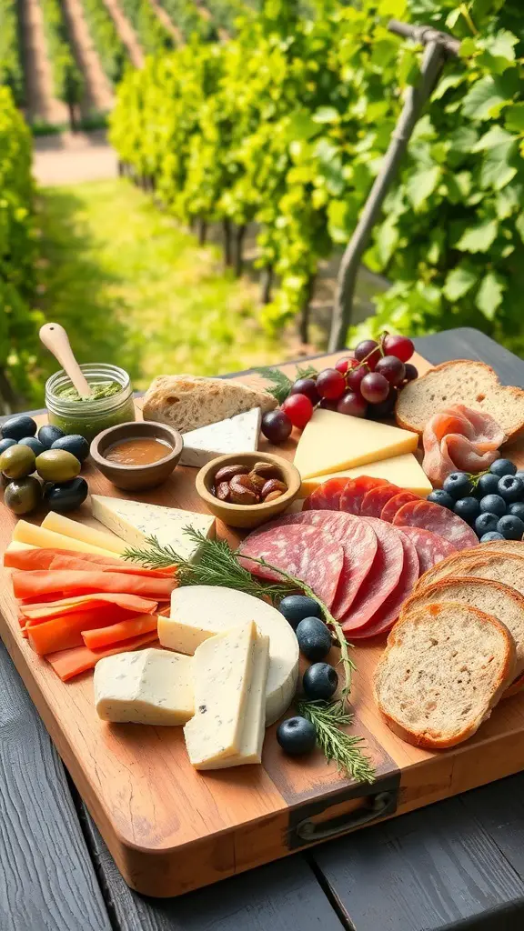 A rustic Italian charcuterie board featuring cured meats, cheeses, bread, olives, and fresh fruits, set against a vineyard backdrop.