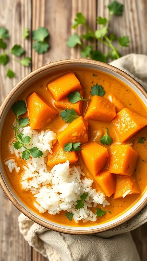 A bowl of sweet potato curry with coconut milk, served with rice and garnished with cilantro.