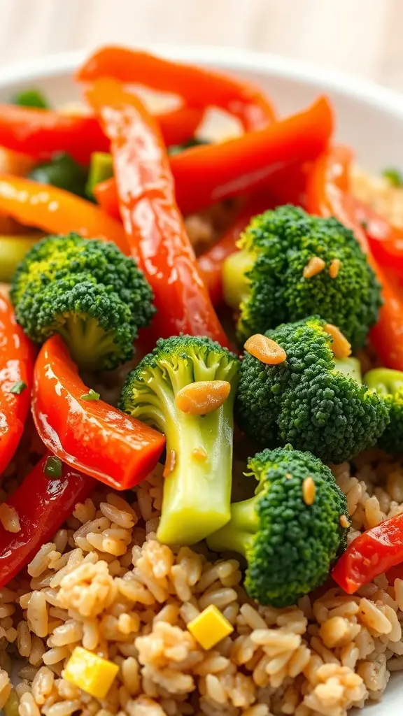 A colorful vegetable stir-fry with broccoli and red bell peppers served over brown rice.