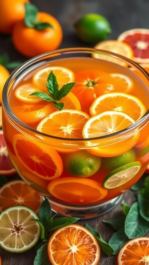 A bowl of Citrus Harvest Punch with slices of oranges, lemons, and limes, garnished with mint leaves.