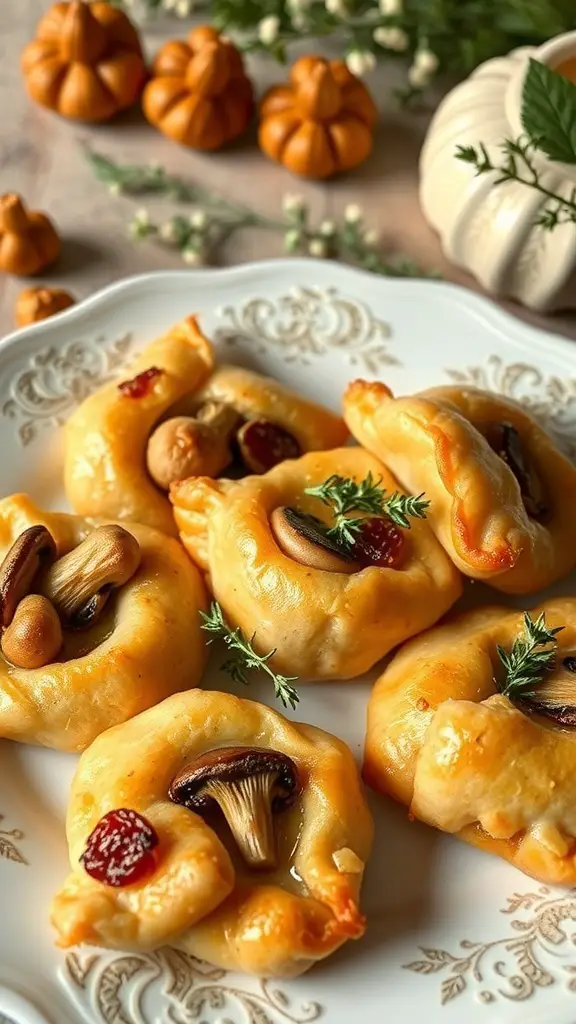 A plate of mushroom and thyme phyllo pastries garnished with thyme sprigs.