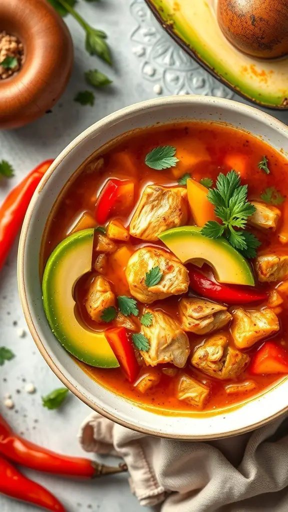 A bowl of Chicken Fajita Soup with chicken, bell peppers, and herbs