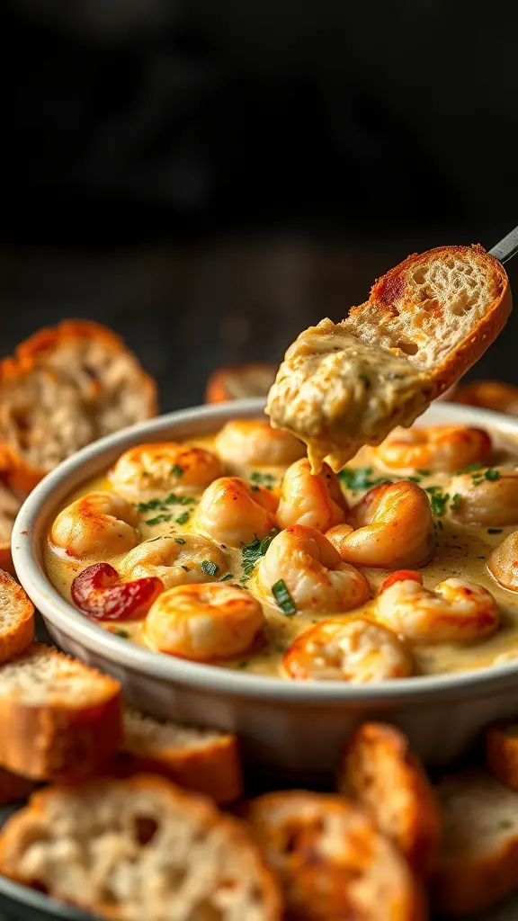 A bowl of baked shrimp scampi dip with shrimp and bread slices for dipping.