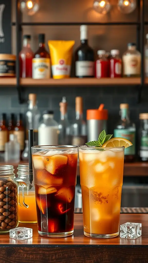 A refreshing iced coffee and tea bar with glasses of iced coffee and iced tea, garnished with mint and lemon.