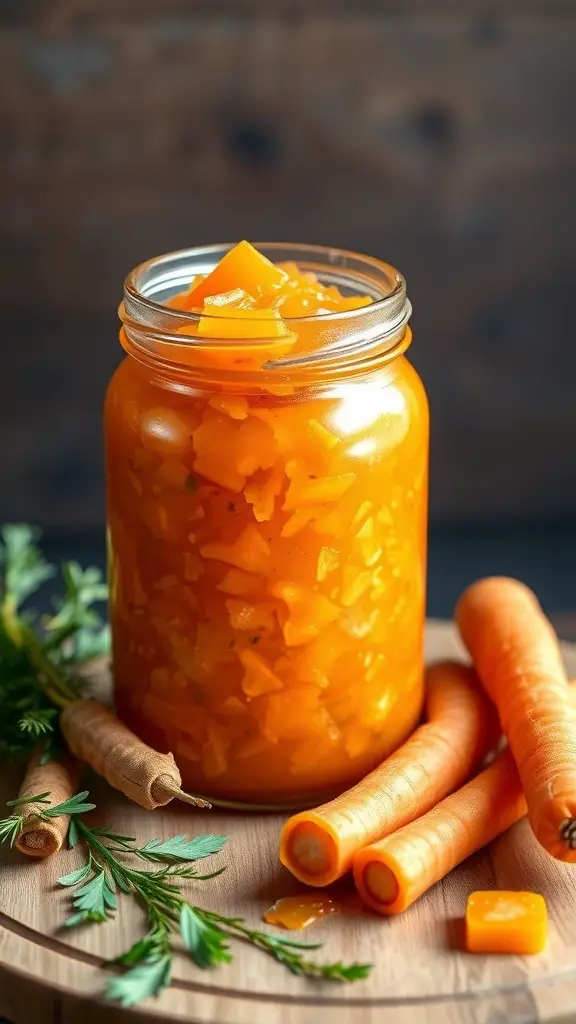 A jar of bright orange carrot and ginger relish with fresh carrots beside it.