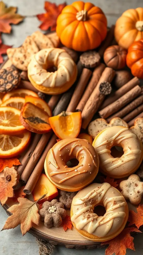 A fall harvest donut charcuterie board featuring pumpkin and apple flavored donuts, cinnamon sticks, and seasonal decorations.