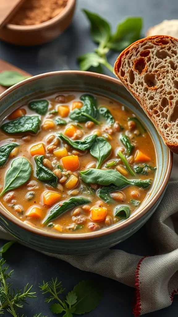 A bowl of lentil soup with spinach and a slice of bread on the side.