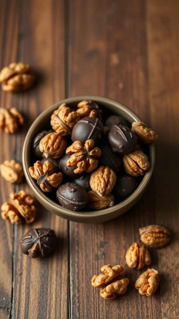 A bowl of dark chocolate covered walnuts with some walnuts scattered around on a wooden surface.