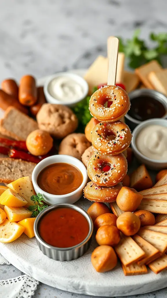 A platter featuring mini donut skewers with colorful sprinkles and various dips.