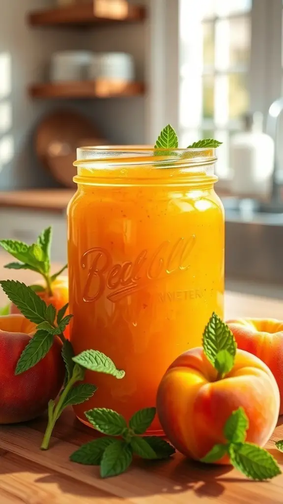 A jar of sweet peach jam with fresh peaches and mint leaves
