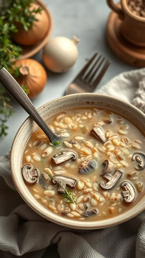 A bowl of Mushroom and Wild Rice Soup with mushrooms and herbs, set against rustic decor.