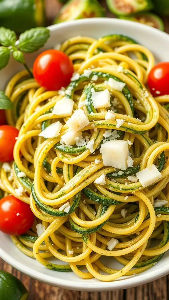 A bowl of zucchini noodles with pesto, topped with cherry tomatoes and cheese.