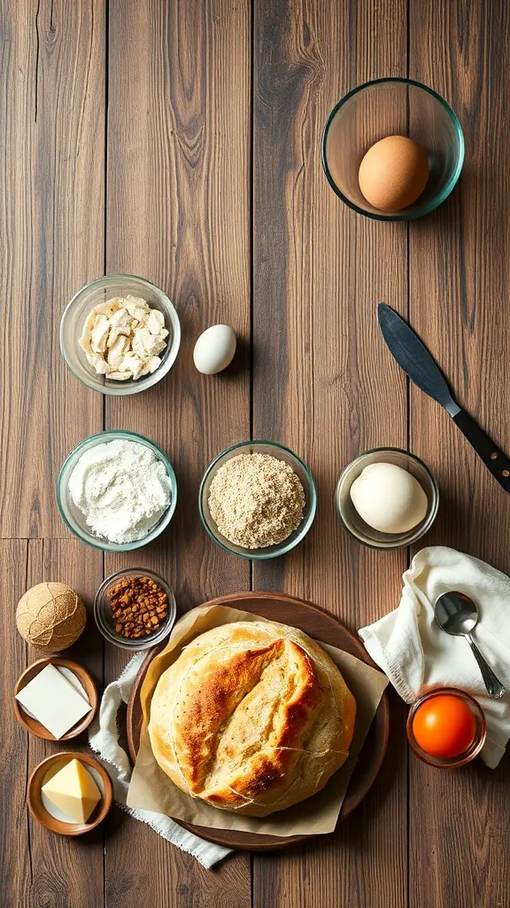 Ingredients for no-knead bread including flour, yeast, eggs, and a freshly baked loaf on a wooden table.