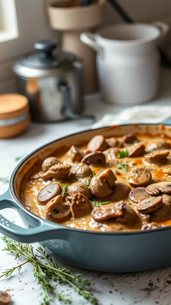 A creamy beef and mushroom casserole in a blue dish, garnished with herbs, placed on a kitchen counter.