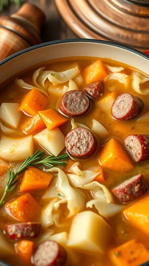 A bowl of Cabbage and Sausage Soup with colorful vegetables and sausage slices.