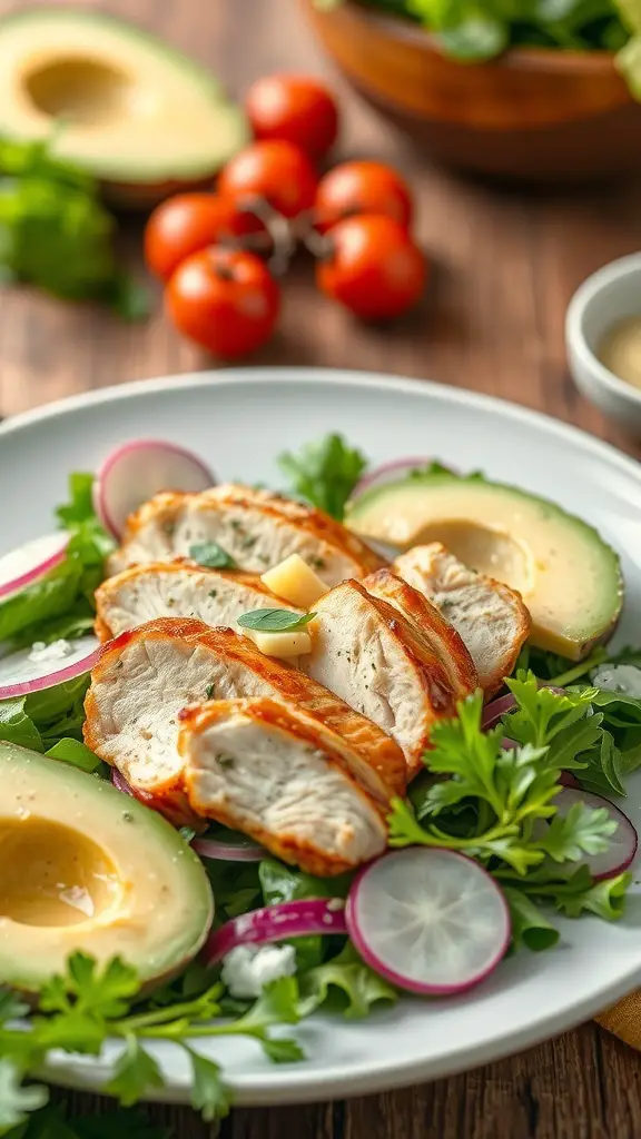 A plate of grilled chicken salad with avocado, mixed greens, and cherry tomatoes.