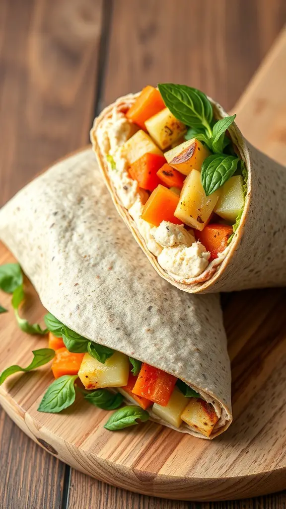 A grilled vegetable and hummus wrap with colorful veggies peeking out, placed on a wooden board.