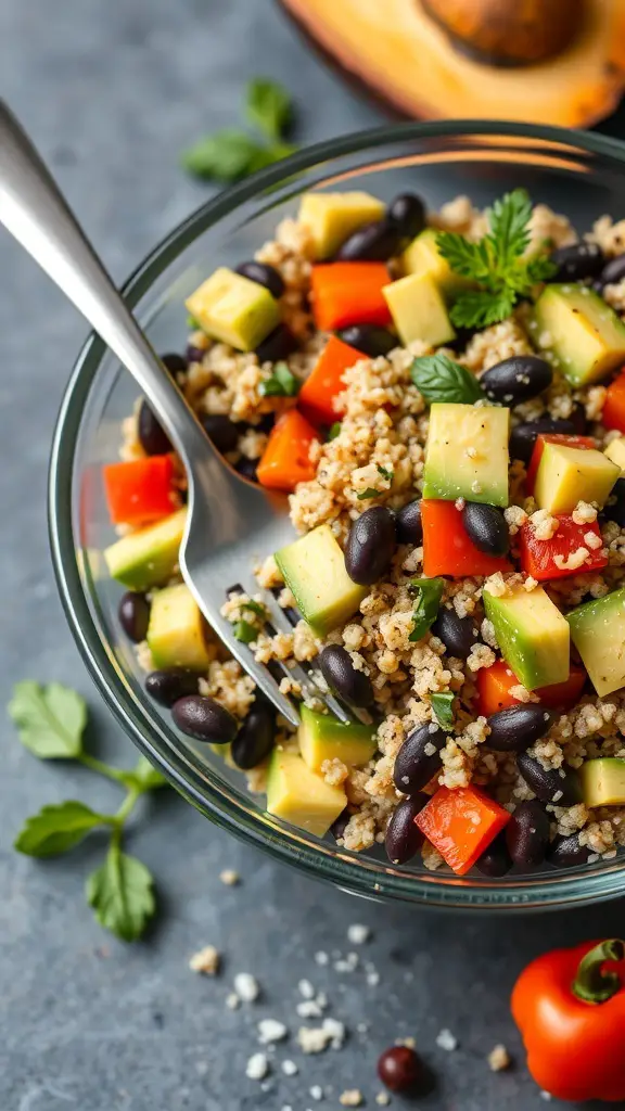A bowl of quinoa and black bean salad with colorful vegetables