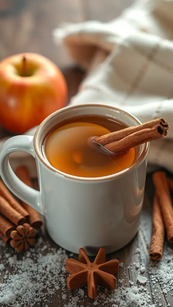 A cozy cup of cinnamon apple cider punch with cinnamon sticks and an apple