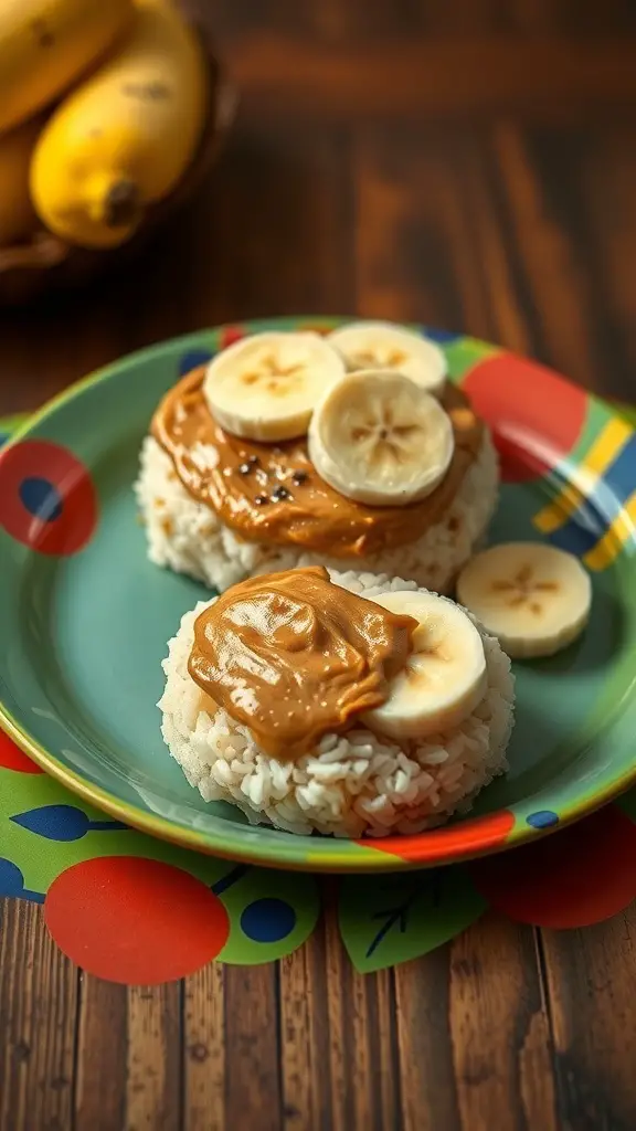 Rice cakes topped with peanut butter and banana slices on a colorful plate.