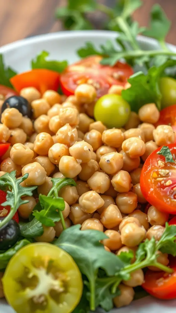 A close-up of a green tomato and chickpea salad with fresh greens and colorful vegetables.