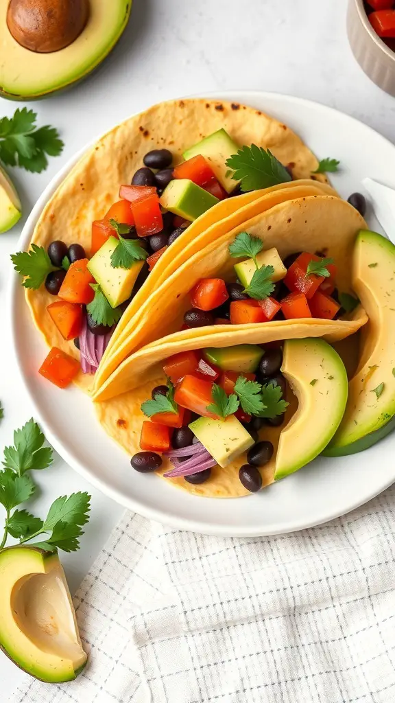 Savory sweet potato and black bean tacos with fresh toppings