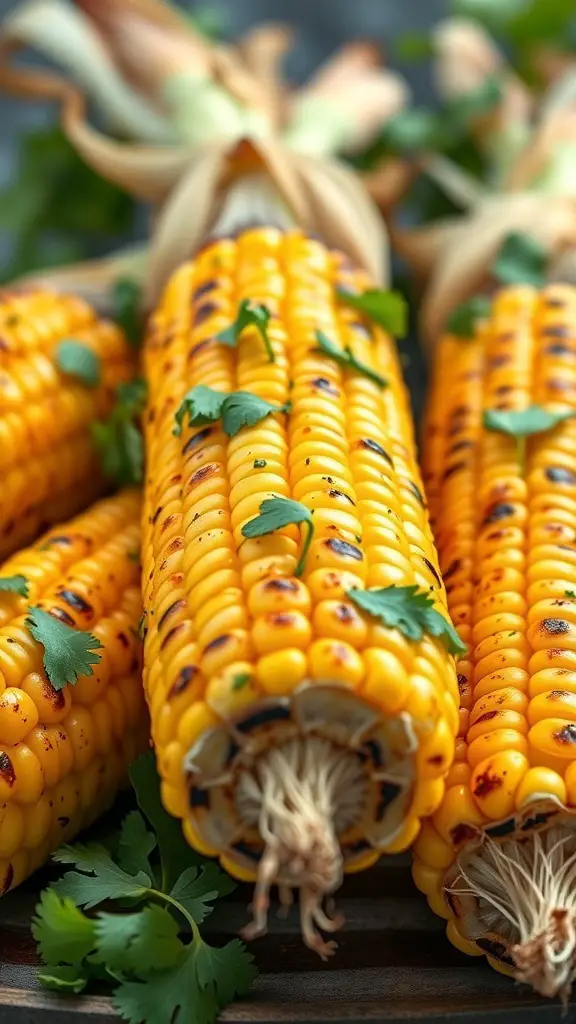 Grilled corn on the cob topped with cilantro