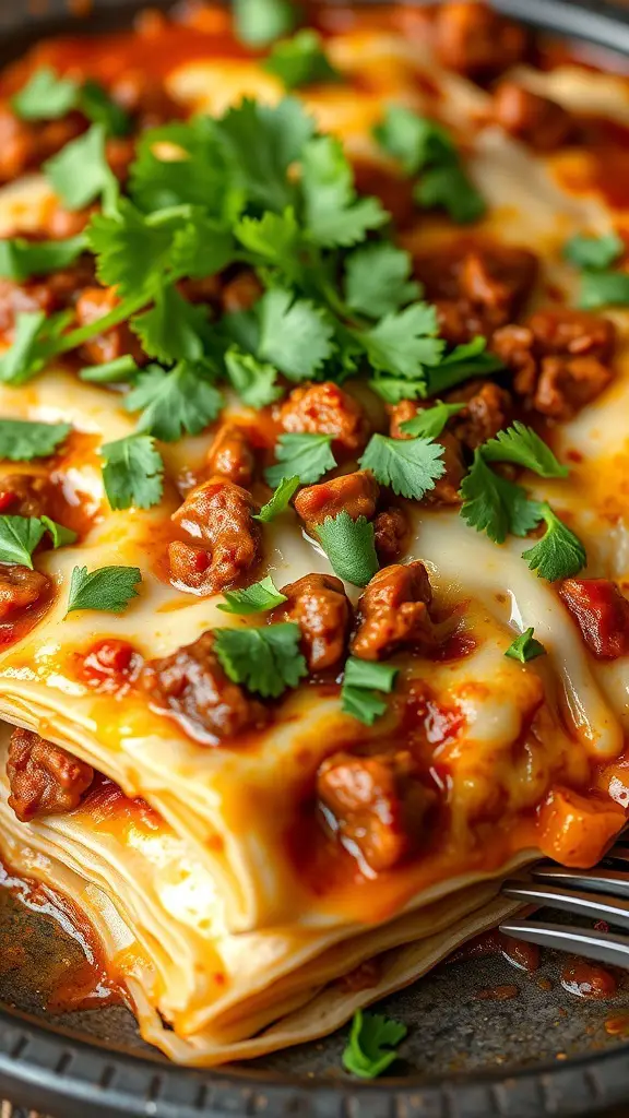 A delicious Spicy Beef Enchilada Casserole topped with cilantro.