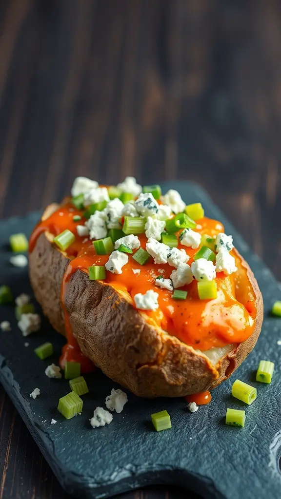 A baked potato topped with buffalo chicken, blue cheese, and green onions on a slate plate.