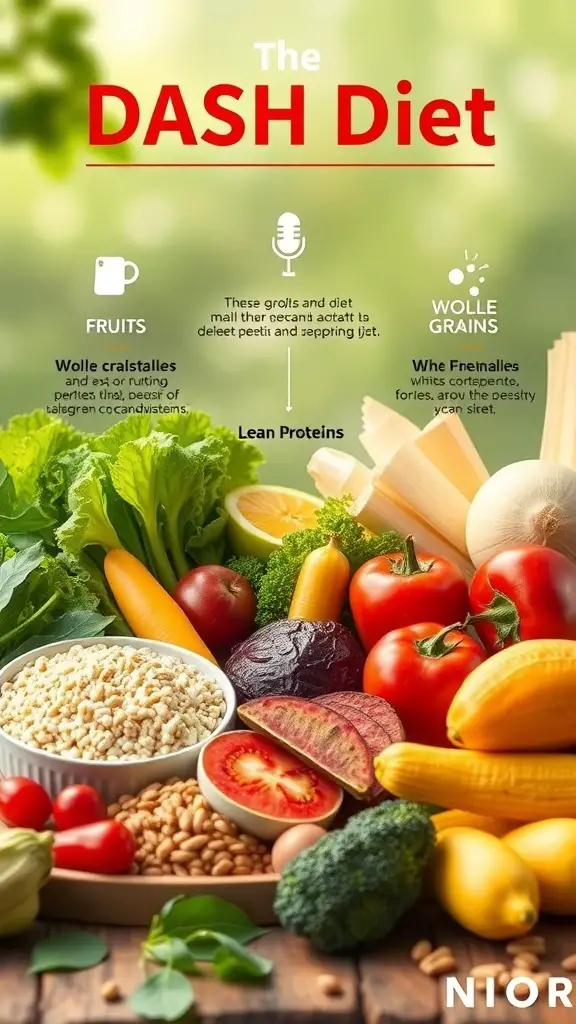 A variety of fruits, vegetables, whole grains, and lean proteins representing the DASH diet.