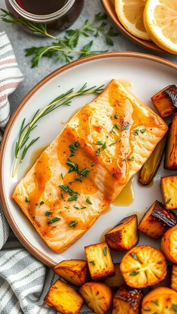 Maple Dijon glazed salmon served with roasted potatoes and lemon slices