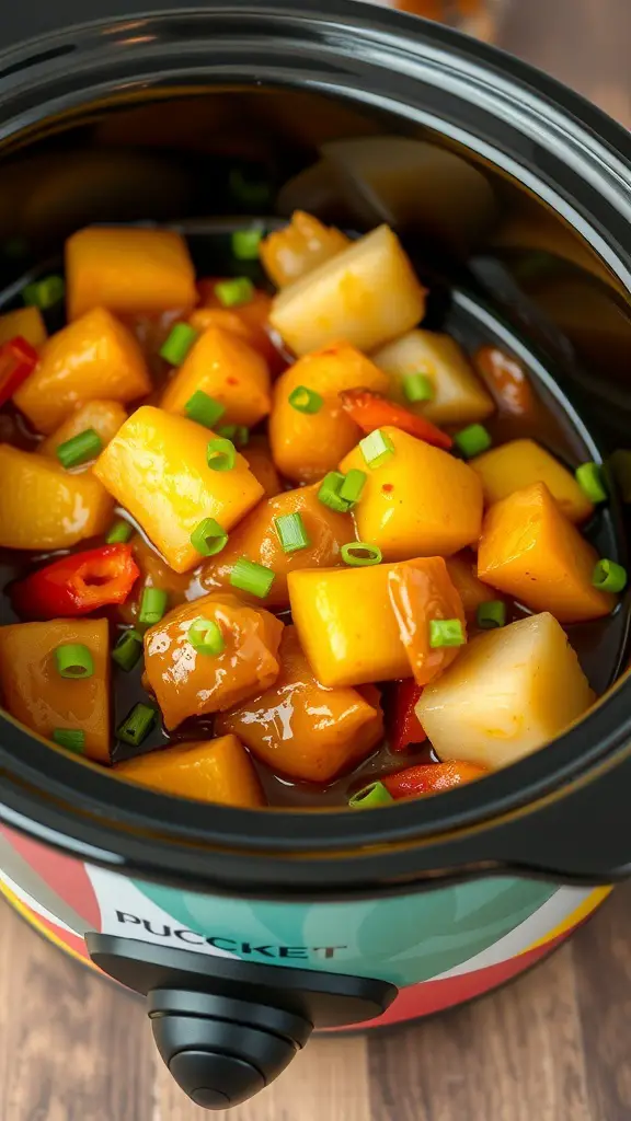Crock pot filled with sweet and sour chicken with pineapple and colorful vegetables.
