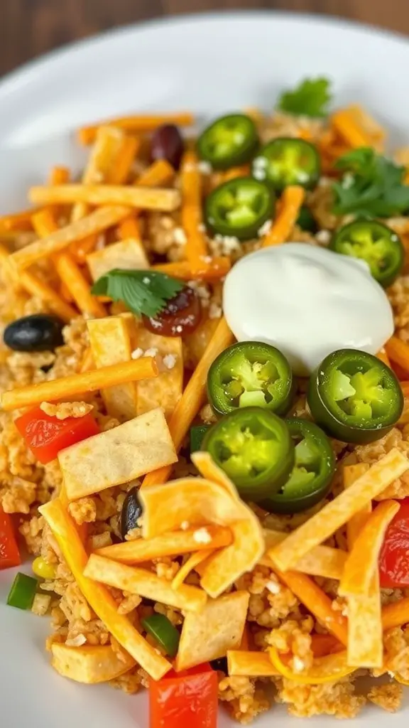 A plate of migas with tortilla strips, cheese, jalapeños, and sour cream.
