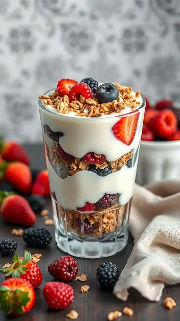 A delicious Greek yogurt parfait with layers of yogurt, berries, and granola in a glass.